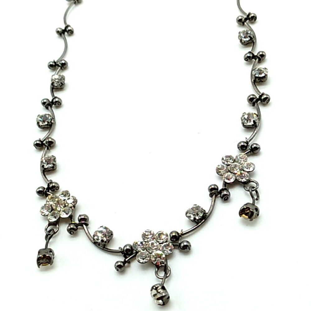 Faux Hematite Creeping Vine Clear Crystal Dainty Flower Necklace 15-18"
